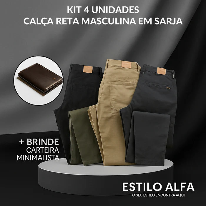 Kit 4 Calça Reta Masculina em Sarja + Brinde carteira minimalista